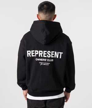 Represent Owners Club Zip Through Hoodie in Black. EQVVS Model Shot. 