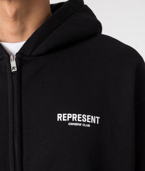 Represent Owners Club Zip Through Hoodie in Black. EQVVS Model Shot. 