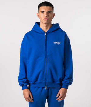 Represent Owners Club Zip Through Hoodie in Cobalt. EQVVS Model Shot. 