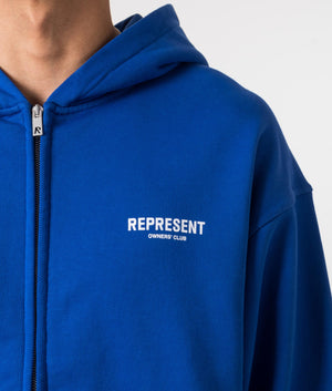 Represent Owners Club Zip Through Hoodie in Cobalt. EQVVS Model Shot. 