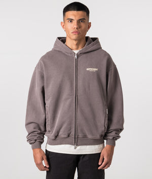 Represent Owners Club Zip Through Hoodie in Fog. EQVVS Model Shot. 