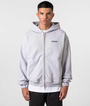 Represent Owners Club Zip Through Hoodie in Ash Grey. EQVVS Model Shot. 