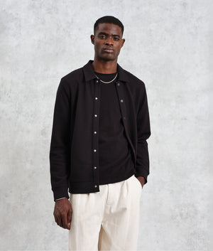 Wax London Hays Jersey Overshirt in Black. Front Model Shot at EQVVS.