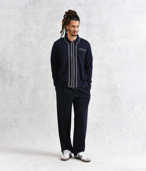 Wax London Amble Polo Shirt in Navy. Front Shot Model at EQVVS 