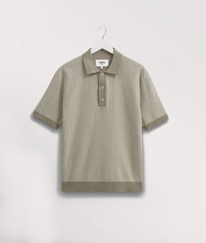 Wax London Turin Polo Shirt in Light Khaki at EQVVS. Front Shot Hanging.