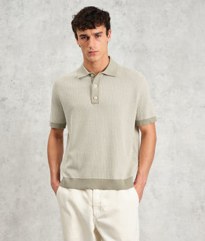 Wax London Turin Polo Shirt in Light Khaki at EQVVS. Front Shot Model.