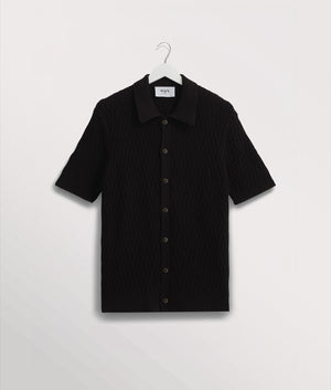 Wax London Tellaro Short Sleeve Shirt in Navy Blue at EQVVS. Front Shot Hanging.