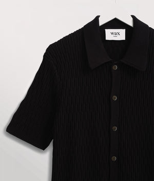 Wax London Tellaro Short Sleeve Shirt in Navy Blue at EQVVS. Detail Shot 