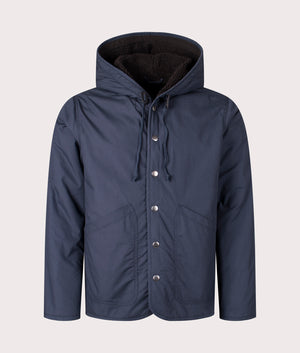 Universal Works Reversible Simple Hooded Jacket in Navy and brown fleece. Front Shot at EQVVS