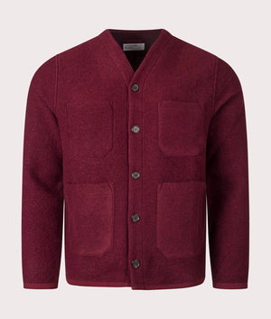 Universal Works Wool Fleece Cardigan in Deep Red for Men. Front Shot at EQVVS