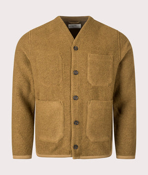 Universal Works Wool Fleece Cardigan in Mustard Yellow for men. Front Shot at EQVVS