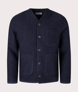 Wool Fleece Cardigan in Navy by Universal Works. Shot at EQVVS. Front image. 