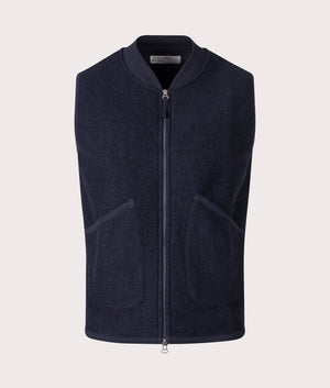 Universal Works Wool Fleece Zip Through Waistcoat in Navy Blue for Men. Front Shot at EQVVS