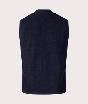 Universal Works Wool Fleece Zip Through Waistcoat in Navy Blue for Men. Back Shot at EQVVS