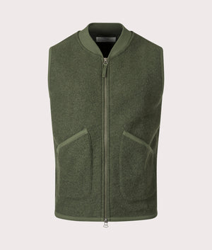 Universal Works Wool Fleece Zip Through Waistcoat in Olive Green for men. Front Shot at EQVVS