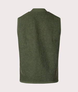 Universal Works Wool Fleece Zip Through Waistcoat in Olive Green for men. back Shot at EQVVS