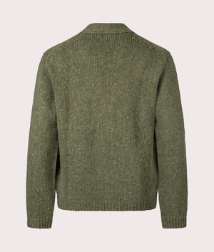 Langdale Cardigan in Green by Universal Works. Shot at EQVVS.  Reverse image. 