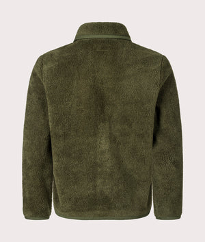 Universal Works Mountain Fleece Lancaster Jacket in Olive Green. Back shot at EQVVS