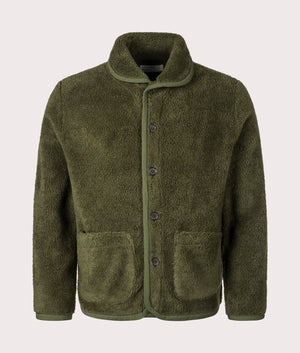 Universal Works Mountain Fleece Lancaster Jacket in Olive Green. Front shot at EQVVS