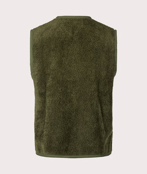 Universal Works Mountain Fleece Lancaster Gilet in Olive Green for men. Back Shot at EQVVS