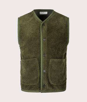 Universal Works Mountain Fleece Lancaster Gilet in Olive Green for men. Front Shot at EQVVS