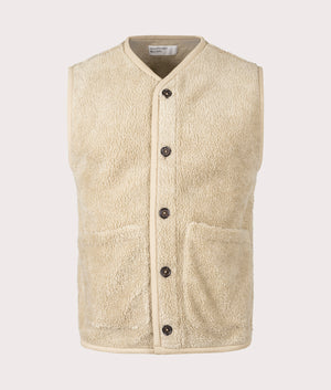 Universal Works Mountain Fleece Lancaster Gilet in Stone Beige for Men at EQVVS. Front Shot