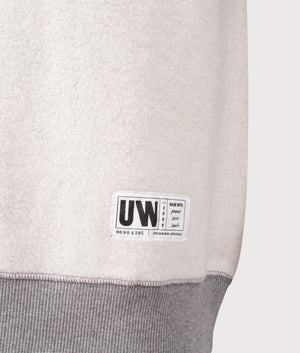 Universal Works Short Sleeve Crew Sweatshirt in Grey Marl. Shot at EQVVS. Detail shot. 