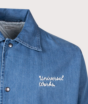 Universal Works Head Coach Jacket in Washed Indigo. Shot at EQVVS. Detail shot. 