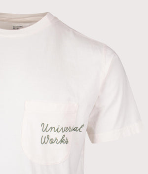 Universal Works Print Pocket T-Shirt in Ecru. Shot at EQVVS. Detail shot. 