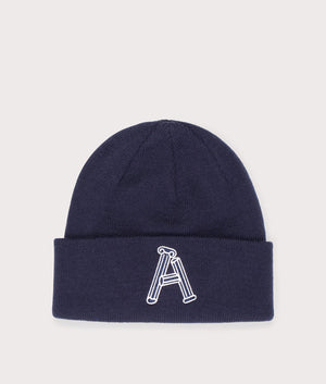 Aires Column Beanie in Navy. At EQVVS. Front detail shot