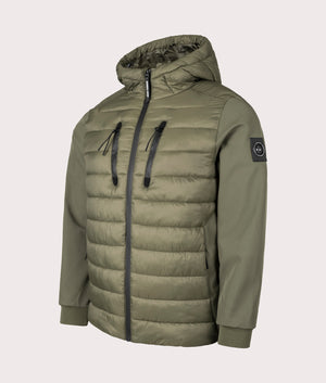 Ibrido Softshell Jacket in Olive by Marshall Artist. Shot at EQVVS. Angle shot.
