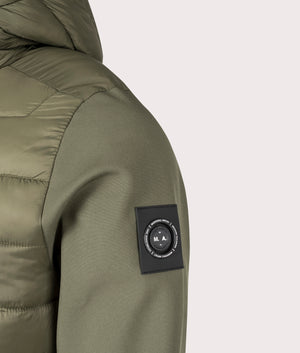 Ibrido Softshell Jacket in Olive by Marshall Artist. Shot at EQVVS. Detail shot.