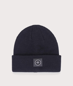 Marshall Artist Siren Knitted Beanie in Black. At EQVSS Menswear. Front detail shot 