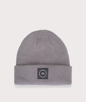 Marshall Artist Siren Knitted Beanie in Grey. At EQVSS Menswear. Front detail shot 