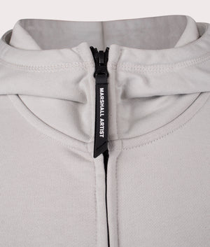 Marshall Artist Siren Full Zip Through Hoodie in Dove Grey. Shot at EQVVS.  Detail shot