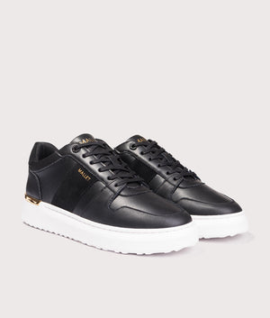 Mallet Hoxton lite trainer in black with gold detail front side shot at EQVVS