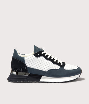 Mallet Popham Perf Trainers in Navy Silver. Shot at EQVVS. Side shot. 