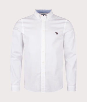 PS Paul Smith Long Sleeve Tailored Zebra Badge Shirt in White. Front angle shot at EQVVS.