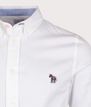 PS Paul Smith Long Sleeve Tailored Zebra Badge Shirt in White. Detail angle shot at EQVVS.