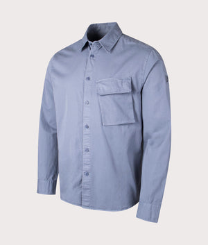 Belstaff Scale Shirt in Blue Flint, 100% Cotton. At EQVVS Menswear. Front angle detail shot