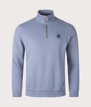 Belstaff Quarter Zip Sweatshirt in Blue Flint, 100% Cotton. At EQVVS Menswear. Front detail shot