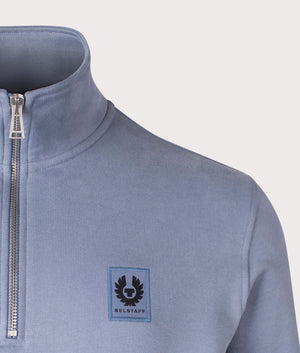 Belstaff Quarter Zip Sweatshirt in Blue Flint, 100% Cotton. At EQVVS Menswear. Front logo shot