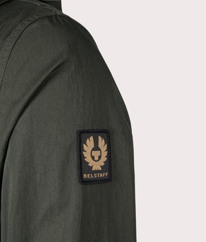 Belstaff Drome Jacket in Tile Green. Detail angle shot at EQVVS.