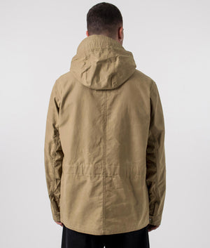 Belstaff Centenary Field Jacket in British Khaki, 100% Cotton at EQVVS. Back Shot with Hood. 