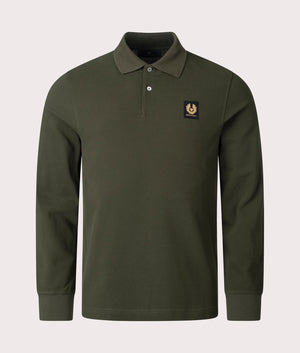 Belstaff Long Sleeved Polo Shirt in Tile Green by Belstaff. EQVVS Shot.