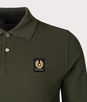 Belstaff Long Sleeved Polo Shirt in Tile Green by Belstaff. EQVVS Shot.