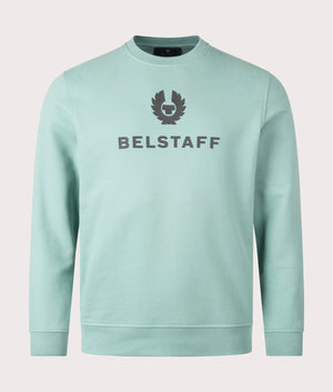 Belstaff Signature Crew Sweatshirt in Oil Blue. Shot at EQVVS. Front image. 