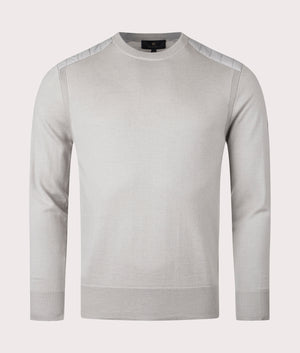 Belstaff Kerrigan Crewneck Jumper in Chrome Grey. Front angle shot at EQVVS.