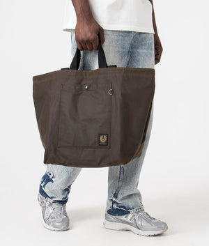 Tote Bag in Burnt Oak by Belstaff. EQVVS Model Shot. 