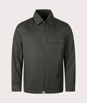 Belstaff Depot Overshirt in Tile Green. Front angle shot at EQVVS.